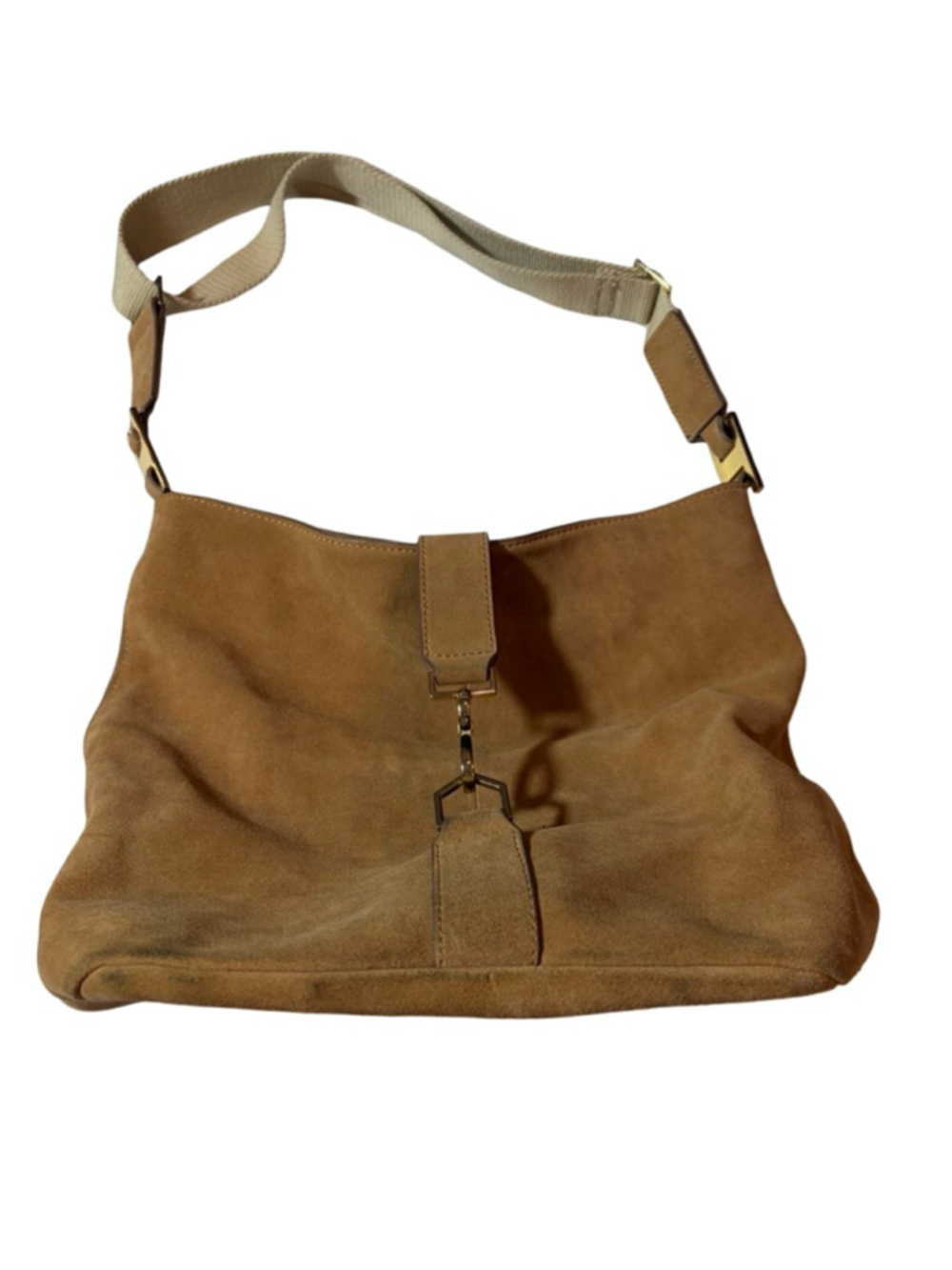 India Hicks Edwina Tan Suede Hobo Bag Gold Hardware Boho Luxe flaw